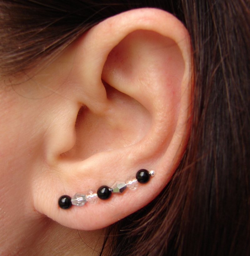 Ear Pins - Black Onyx, Faceted Clear Crystal, Vitriol Crystal Earrings - Pair