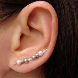 Ear Pins - Swarovski Silver Gray Pearls, Faceted Crystals, Silver Stardust Beads Earrings - Pair