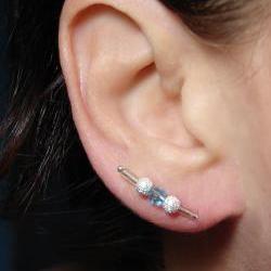 Earring Pins - Silver Stardust and Blue Bead Ear Pins - Pair