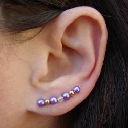 Ear Pins - Light Purple Glass Pearls and Gold - Lilac, Lavender - Earrings Pair