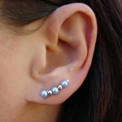 Ear Pins - Baby Blue Glass Pearls and Silver  - Pair Earrings - Earring Pins