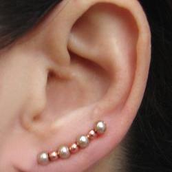 Ear Pins, Champagne Gold Glass Pearls and Copper Color Beads, Pair Earrings