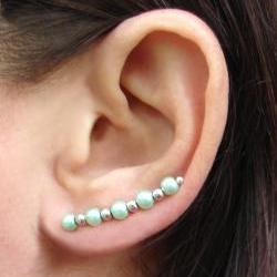 Ear Pins, Seafoam Mint Green Pearls of Glass and Silvery Beads - Pair Earrings, Earpins